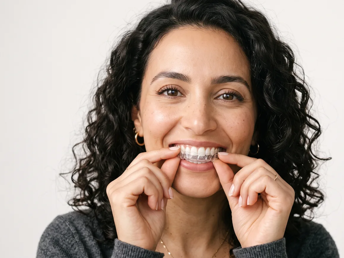 Patiente mettant en place sa gouttière orthodontique transparente à Agadir